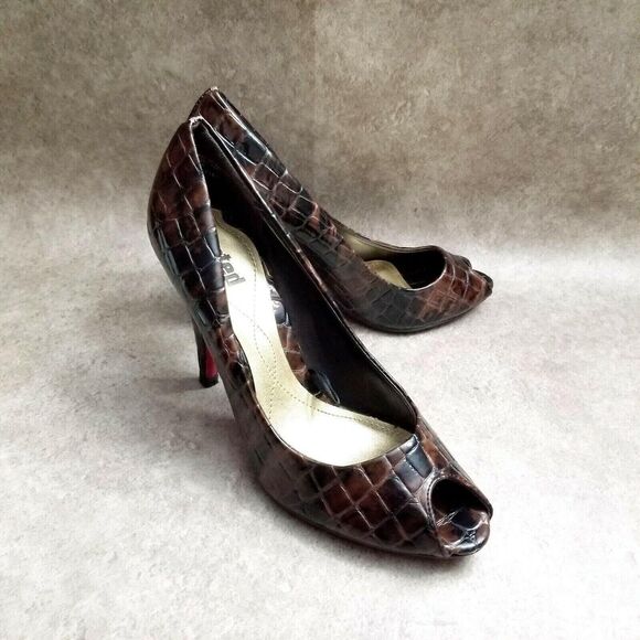 Unlisted Womens Stylish 76154 Size 6 Brown Peep Toe Croc Pattern 3.5" Heels Pump - Picture 4 of 9